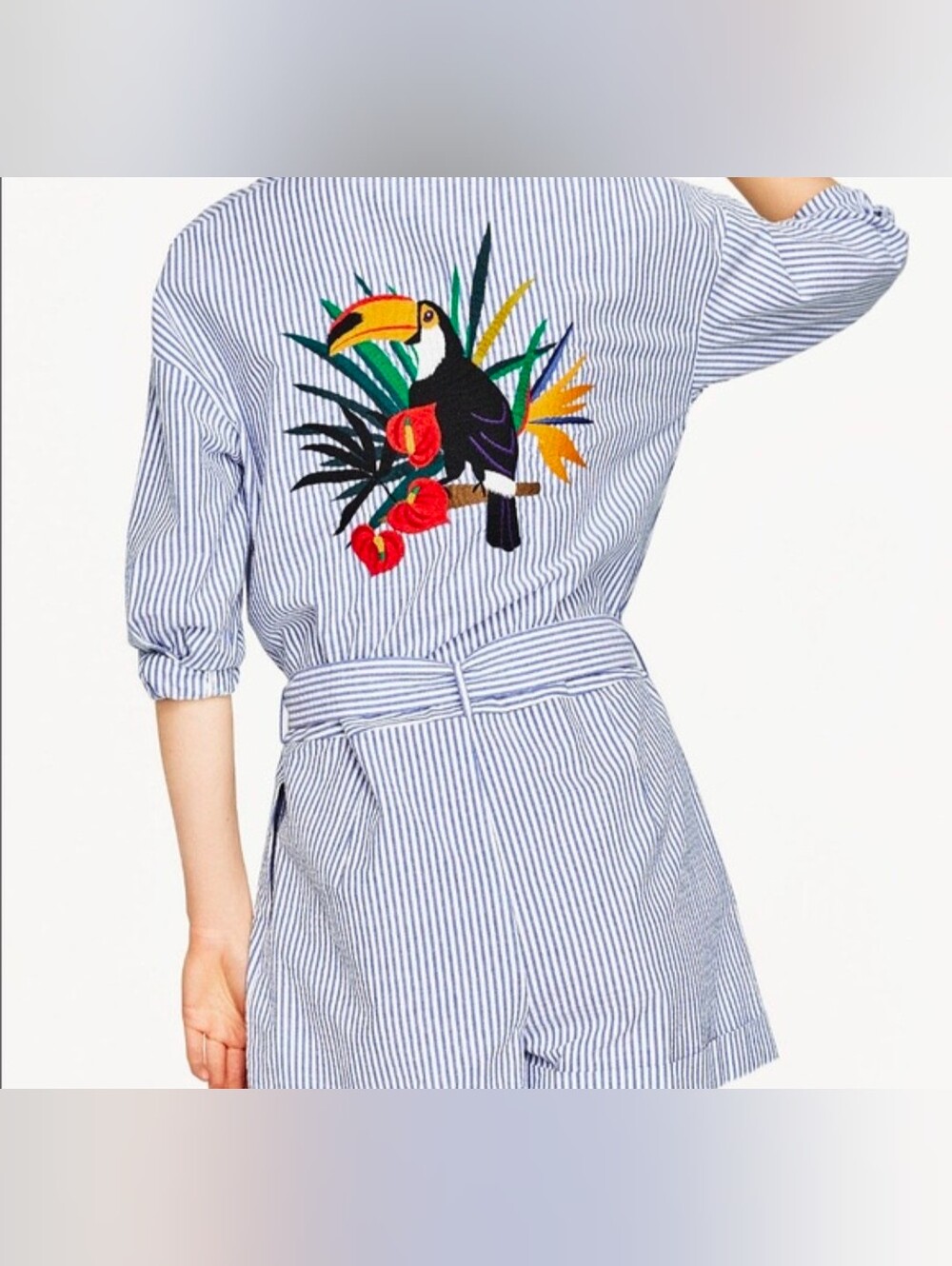 Zara Basic Seersucker Striped Romper Blue White Toucan Embroidery Women's